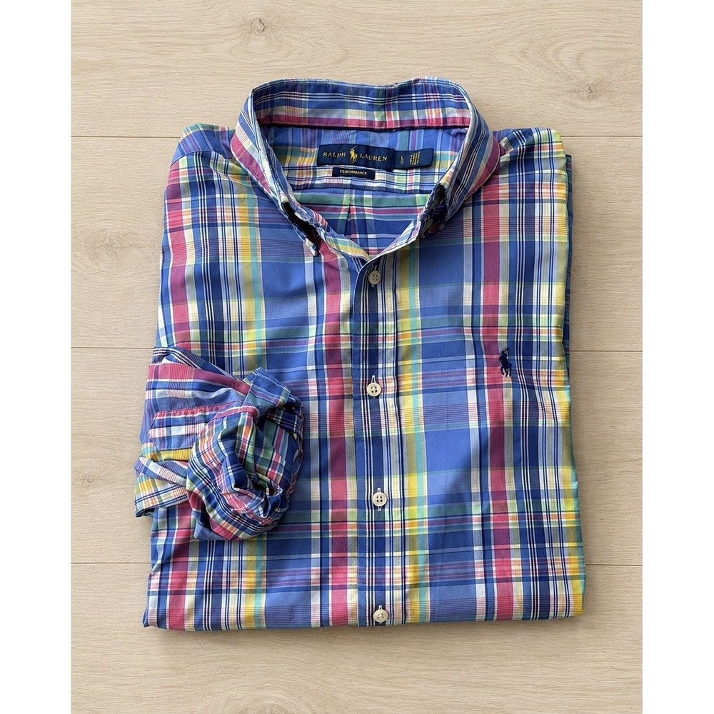 Ralph Lauren Performance Shirt Men's L Blue Plaid Stretch Button Down
